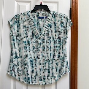Short sleeve V neck blouse, green, navy and white pattern.